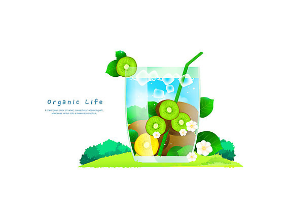 PSD 꽃 일러스트 나뭇잎 잔 키위 빨대 초원 사람없음 얼음 유기농 키위주스 국내일러스트 자연요소 식물 식기 웰빙 잎 과일 과일주스 파일형식