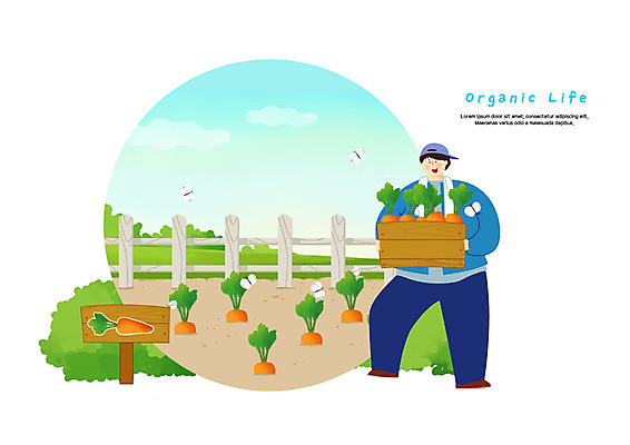 전신 PSD 구름 모자 남자 나비 여러마리 일러스트 하늘 한명 미소 들기 사람 성인 농작물 울타리 수건 농사 당근 팻말 수확 농촌 농부 나무상자 유기농 밭농사 로컬푸드 국내일러스트 자연요소 직업 1 웰빙 잡화 다수 곤충 농업 모션 뿌리채소 프레임 표정 농산물 담장 상자 위생용품 시골 파일형식