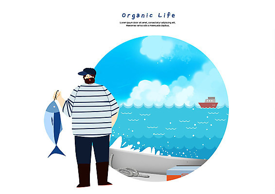 전신 PSD 구름 모자 한마리 남자 물결 파도 바다 일러스트 하늘 어류 한명 들기 사람 성인 어선 어부 유기농 아이스박스 국내일러스트 자연요소 직업 1 웰빙 잡화 배_교통 모션 수중동물 파일형식