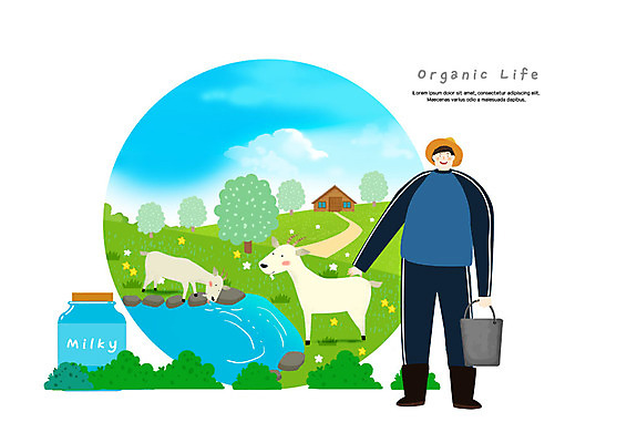 전신 PSD 나무 남자 두마리 일러스트 하늘 염소 한명 미소 들기 사람 초원 성인 농장 우유 개울 양동이 유기농 시골길 헛간 낙농업 물마시기 우유통 챙모자 국내일러스트 식물 모자_잡화 1 웰빙 산업 길 2 농업 포유류 모션 유제품 표정 강 마시기 저장고 파일형식