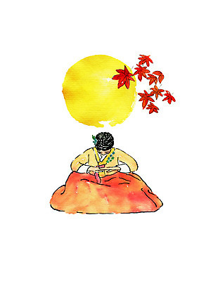 전신 PSD 여자 명절 단풍 일러스트 캘리그라피 붓터치 한명 사람 성인 추석 보름달 절 한복 성인여자한명만 국내일러스트 1 한국전통 전통 기념일 잎 달 인사 전통의상 여자한명만 성인여자만 파일형식