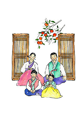 전신 PSD 여자 명절 남자 어린이 일러스트 캘리그라피 가족 붓터치 미소 사람 앉기 여러명 성인 추석 한복 감나무 전통문 국내일러스트 나무 한국전통 전통 기념일 다수 관계 모션 표정 감 문 전통의상 파일형식