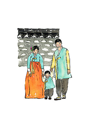 전신 PSD 여자 명절 남자 어린이 일러스트 캘리그라피 가족 붓터치 미소 사람 성인 세명 추석 손잡기 한복 즐거움 기와담장 국내일러스트 한국전통 전통 기념일 감정 관계 모션 표정 기와 담장 전통의상 파일형식