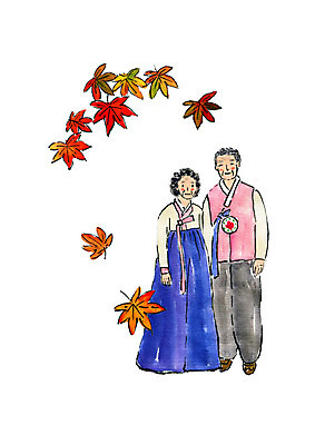 전신 PSD 여자 명절 할아버지 노년 남자 할머니 단풍 일러스트 캘리그라피 가족 붓터치 서기 미소 사람 두명 추석 노부부 한복 국내일러스트 한국전통 전통 부부 기념일 잎 관계 모션 표정 성인 전통의상 파일형식