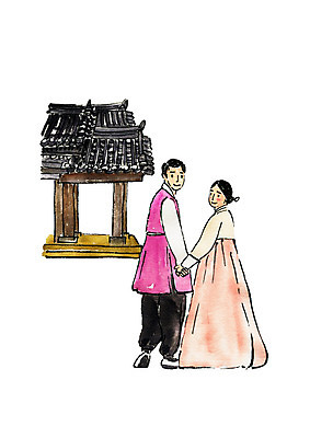 전신 PSD 부부 커플 여자 명절 남자 일러스트 캘리그라피 가족 붓터치 기와집 미소 사람 성인 두명 추석 손잡기 뒤돌아보기 한복 국내일러스트 한국전통 전통 기념일 관계 모션 한옥 표정 전통의상 파일형식