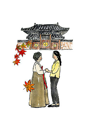 전신 PSD 응시 여자 명절 단풍 고건축 일러스트 캘리그라피 가족 모녀 붓터치 기와집 미소 사람 성인 두명 마주보기 추석 손잡기 만남 시골 한복 시골집 고향 귀성길 반가움 여자만 국내일러스트 한국전통 전통 건축물 시선 기념일 딸 감정 컨셉 잎 관계 모션 엄마 한옥 주택 표정 전통의상 파일형식