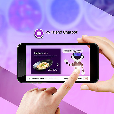 PSD 편집이미지 캐릭터 여자 안내 스파게티 대화 설명 사람 성인 신체부위 스마트폰 터치 정보 양손 잡기 스마트 레시피 채팅봇 이미지편집 손 컨셉 모션 파스타 말하기 핸드폰 스마트기기 파일형식 AI_인공지능