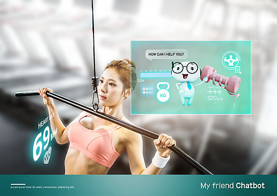 PSD 편집이미지 캐릭터 응시 여자 안내 줄자 대화 설명 한명 사람 상반신 20대 성인 옆모습 운동복 운동 건강관리 운동기구 헬스 아령 헬스장 한국인 맥박 스마트 분석 성인여자한명만 채팅봇 이미지편집 1 시선 옷 뷰포인트 컨셉 의학 모션 자 건강 관리 말하기 동양인 청년 여자한명만 성인여자만 파일형식 AI_인공지능