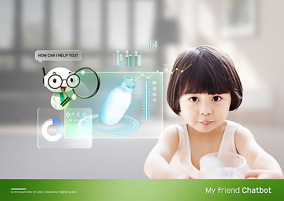 PSD 편집이미지 캐릭터 응시 여자 어린이 돋보기 그래프 대화 한명 사람 상반신 한국인 우유 마시기 스마트 분석 성분 소녀한명만 채팅봇 이미지편집 1 시선 컨셉 모션 유제품 말하기 동양인 여자한명만 소녀만 파일형식 AI_인공지능