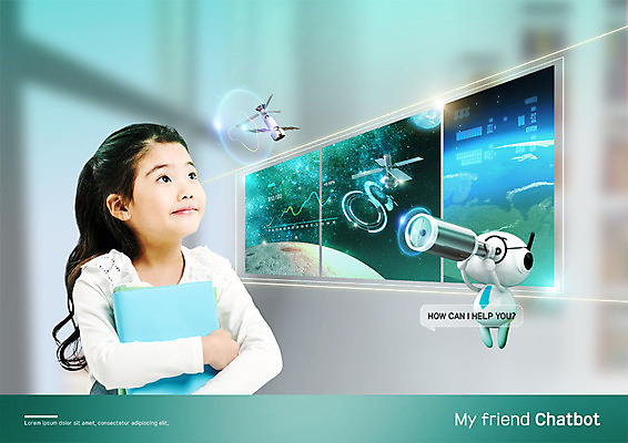 PSD 편집이미지 캐릭터 응시 여자 어린이 대화 한명 미소 들기 사람 상반신 책 우주 스크린 망원경 행성 한국인 인공위성 스마트 소녀한명만 채팅봇 이미지편집 1 시선 컨셉 통신 모션 표정 말하기 동양인 여자한명만 소녀만 파일형식 AI_인공지능