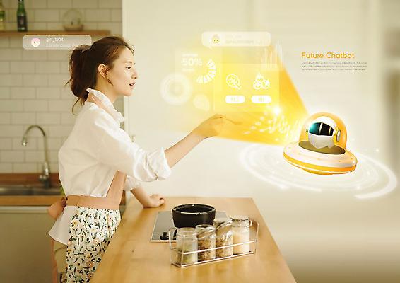 PSD 편집이미지 응시 여자 미래 대화 한명 들기 사람 상반신 성인 옆모습 주방 한국인 냄비 스마트 성인여자한명만 채팅봇 이미지편집 1 시선 뷰포인트 컨셉 모션 말하기 동양인 솥 여자한명만 성인여자만 파일형식 AI_인공지능
