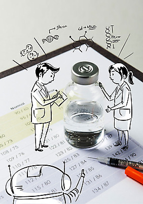 전신 편집이미지 응시 여자 남자 포토일러 세포 주사기 사람 성인 두명 의사 가리킴 기록 의사가운 약병 DNA 로봇 주사약 이미지편집 AI파일 시선 의료기기 손짓 약 의료진 가운 생명공학 병_담는 파일형식 벡터