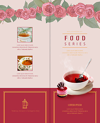PSD 템플릿 표지디자인 북디자인 출판디자인 표지 리플렛 분홍색 2단접지 북커버 팜플렛 사람없음 빨간색 장미 찻잔 티스푼 컵케이크 홍차 티백 이미지템플릿 꽃 컬러 잔 차_음료 케이크 숟가락 파일형식