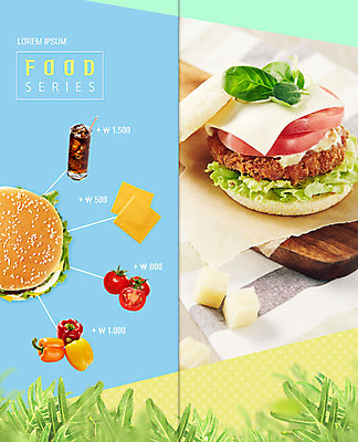 PSD 템플릿 표지디자인 북디자인 출판디자인 내지 리플렛 하늘색 토마토 2단접지 북커버 나뭇잎 치즈 파프리카 팜플렛 사람없음 노란색 새싹 햄버거 양상추 가격 콜라 메뉴판 햄버거빵 이미지템플릿 식물 빵 컬러 잎 채소 유제품 패스트푸드 파란색 탄산음료 파일형식