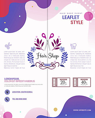 PSD 템플릿 표지디자인 북디자인 출판디자인 꽃 내지 리플렛 분홍색 2단접지 북커버 나뭇잎 팜플렛 사람없음 보라색 물방울무늬 머리빗 원형 미용실 드라이어 전화기 쿠폰 위치 미용가위 할인쿠폰 이미지템플릿 도형 식물 컬러 잎 무늬 가위_도구 미용용품 뷰티샵 파일형식