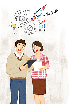 PSD 응시 여자 남자 화살표 일러스트 전구 그래프 아이디어 서기 미소 들기 사람 상반신 청년 두명 태블릿 펜 로켓 토론 발사 톱니바퀴 상승 창업 국내일러스트 시선 컨셉 모션 표정 성인 전자제품 스마트기기 필기구 자영업 파일형식