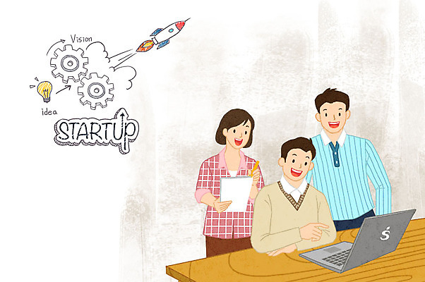 PSD 여자 남자 말풍선 일러스트 전구 회의 아이디어 미소 사람 상반신 청년 성인 세명 노트북 펜 로켓 기록 발사 책상 즐거움 톱니바퀴 문서 창업 비전 국내일러스트 감정 가구 컨셉 비즈니스 표정 전자제품 필기구 자영업 파일형식