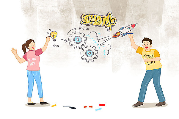 전신 PSD 커플 여자 남자 말풍선 일러스트 전구 아이디어 미소 사람 청년 성인 두명 펜 로켓 도전 그리기 즐거움 톱니바퀴 창업 비전 기획 국내일러스트 감정 컨셉 관계 모션 표정 필기구 자영업 파일형식