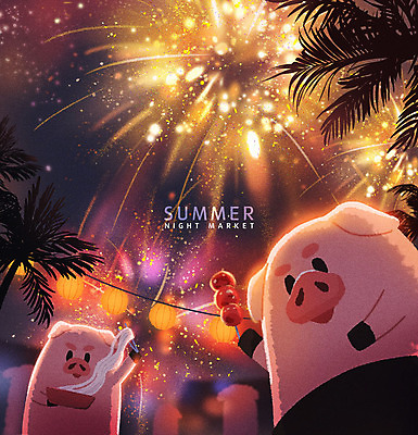 PSD 두마리 일러스트 젓가락 불꽃놀이 사람없음 여름 빛 야자수 등불 돼지 꼬치 시장 야간 먹기 돼지캐릭터 면발 야시장 여름밤 국내일러스트 자연요소 나무 계절 동물캐릭터 2 포유류 모션 놀이 조명 수저 파일형식