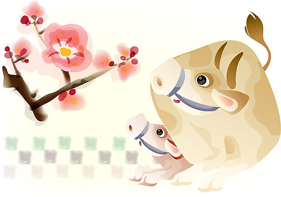 EPS 동물 템플릿 전통 꽃 외국문화 두마리 카드템플릿 일본문화 문구용품 근하신년 새해 사람없음 일본 벚꽃 십이지신 소 연하장 연말연시 간지 이미지템플릿 카드프레임 식물 동양문화 아시아 문화 2 포유류 카드_감사 프레임 오브젝트 파일형식 벡터