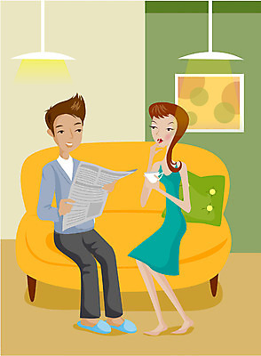 EPS 라이프스타일 부부 커플 여자 남자 커피 일러스트 휴식 실내 사람 두명 소파 로맨틱 신문 국내일러스트 음료 컨셉 의자 관계 내부 생활 간행물 뉴스 파일형식 벡터