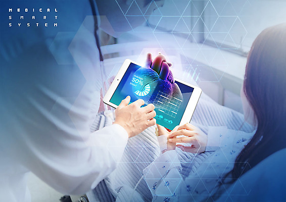 PSD 편집이미지 응시 여자 남자 의학 청진기 사람 앉기 상반신 성인 두명 30대 스마트기기 태블릿 한국인 환자 의사 잡기 의사가운 스마트 시스템 환자복 병원침대 성인만 이미지편집 시선 옷 컨셉 의료기기 모션 동양인 장년 전자제품 의료진 침대 가운 파일형식