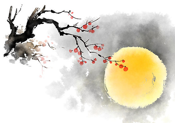 PSD 한국전통 일러스트 캘리그라피 붓터치 풍경 사람없음 보름달 가을 야간 감나무 번짐 국내일러스트 자연요소 나무 전통 계절 한국 감 달 파일형식 효과