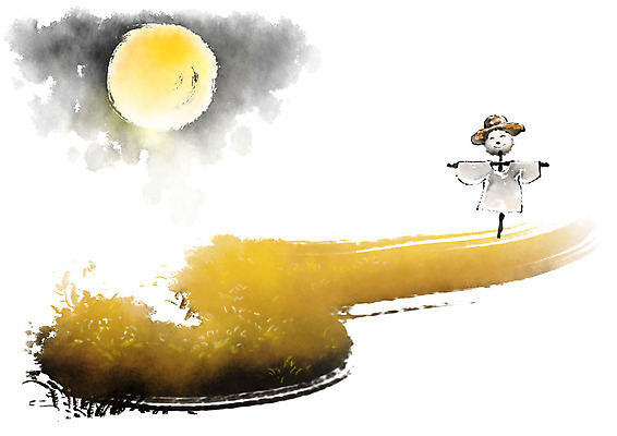 PSD 한국전통 일러스트 캘리그라피 붓터치 논 사람없음 보름달 가을 농촌 야간 허수아비 번짐 벼농사 국내일러스트 자연요소 전통 계절 농업 한국 농사 달 시골 파일형식 효과