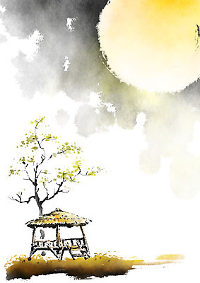 PSD 나무 구름 한국전통 일러스트 캘리그라피 붓터치 풍경 사람없음 보름달 가을 농촌 시골 번짐 원두막 국내일러스트 자연요소 식물 전통 계절 한국 달 파일형식 효과