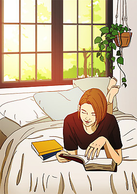전신 PSD 여자 화분 여유 엎드리기 일러스트 창문 베개 휴식 한명 미소 사람 성인 책 독서 이불 침대 안식처 아트툰 성인여자한명만 소확행 행잉플랜트 국내일러스트 1 감정 가구 컨셉 침구 모션 표정 그림 신조어 여자한명만 성인여자만 파일형식