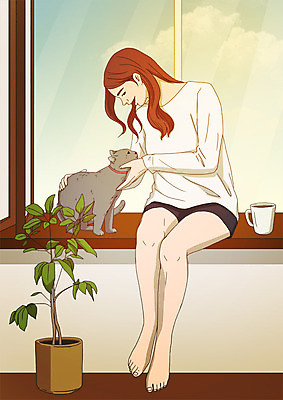 전신 PSD 한마리 응시 여자 화분 여유 일러스트 휴식 한명 미소 사람 앉기 성인 반려동물 마주보기 고양이 만지기 창가 반려 안식처 아트툰 성인여자한명만 소확행 국내일러스트 동물 1 시선 감정 컨셉 창문 포유류 모션 표정 그림 신조어 여자한명만 성인여자만 파일형식