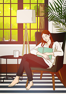 전신 PSD 여자 여유 거실 일러스트 탁자 전등 실내 한명 사람 앉기 성인 책 소파 독서 졸음 낮잠 안식처 아트툰 성인여자한명만 소확행 국내일러스트 1 감정 가구 의자 모션 휴식 조명 내부 잠 그림 신조어 여자한명만 성인여자만 파일형식