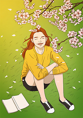 전신 PSD 공원 여자 꽃잎 여유 일러스트 휴식 한명 미소 사람 앉기 초원 성인 야외 책 눈감음 꽃가지 낙화 아트툰 성인여자한명만 소확행 흩날리기 국내일러스트 1 공공시설 꽃 감정 컨셉 모션 표정 나뭇가지 그림 신조어 여자한명만 성인여자만 파일형식