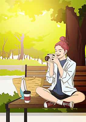 전신 PSD 나무 응시 공원 여자 여유 벤치 가방 일러스트 한명 미소 사람 앉기 성인 취미 카메라 사진촬영 안식처 테이크아웃컵 아트툰 성인여자한명만 소확행 국내일러스트 식물 1 시선 잡화 공공시설 감정 의자 모션 휴식 표정 컵 전자제품 촬영 그림 신조어 여자한명만 성인여자만 파일형식