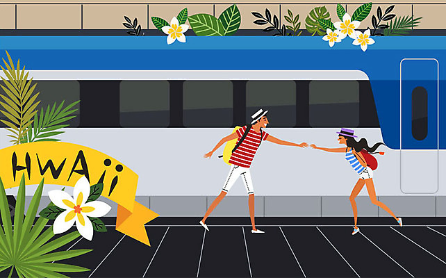 전신 커플 여자 남자 꽃 여행 일러스트 배낭 나뭇잎 미소 사람 성인 두명 손잡기 기차 즐거움 하와이 연휴 야자수잎 기차여행 성인만 국내일러스트 AI파일 식물 감정 육상교통 잎 가방 관계 모션 대중교통 표정 공휴일 미국 파일형식 벡터