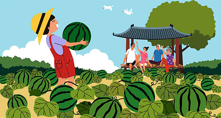 전신 나무 구름 여자 할아버지 노년 남자 할머니 어린이 두마리 일러스트 가족 여름음식 수박 미소 들기 사람 앉기 여러명 성인 야외 여름 손들기 시골 삼대 즐거움 원두막 연휴 수박밭 제철과일 국내일러스트 AI파일 자연요소 식물 계절 감정 음식 다수 2 밭 과일 관계 모션 표정 공휴일 제철 파일형식 벡터 여름_계절