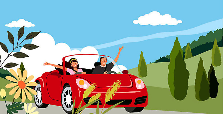 구름 여자 남자 여행 일러스트 자동차 미소 사람 상반신 성인 야외 두명 손들기 드라이브 운전 언덕 즐거움 연휴 시골길 성인만 국내일러스트 AI파일 자연요소 감정 길 육상교통 모션 표정 공휴일 파일형식 벡터