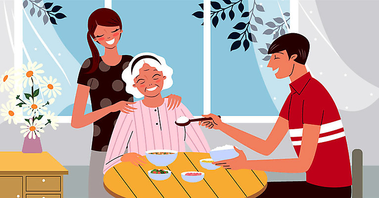 여자 노년 남자 일러스트 창문 탁자 실내 미소 사람 상반신 성인 세명 식사 봉사 커튼 먹여주기 창가 즐거움 방문 요양원 연휴 어깨주무르기 성인만 국내일러스트 AI파일 감정 가구 표정 내부 공휴일 도움 먹기 주무르기 파일형식 벡터