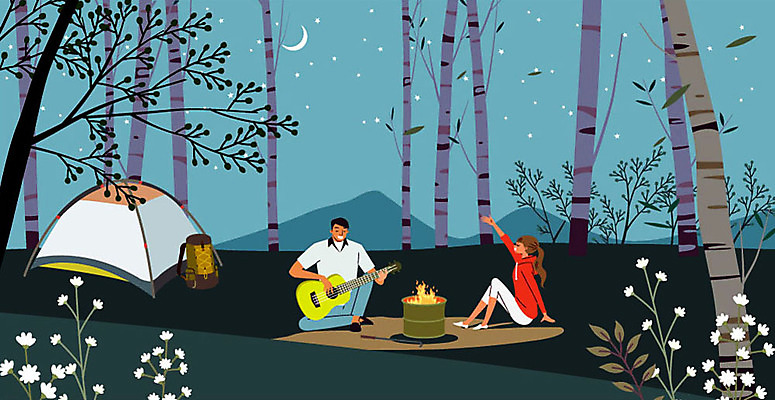 전신 나무 커플 여자 남자 여행 연주 일러스트 배낭 휴식 텐트 미소 사람 앉기 성인 야외 두명 손들기 캠핑 기타 야간 숲속 숲 초승달 모닥불 즐거움 연휴 성인만 국내일러스트 AI파일 자연요소 식물 감정 음악 컨셉 가방 관계 모션 불 현악기 레저 표정 캠핑도구 공휴일 달 파일형식 벡터