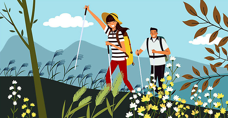 전신 나무 구름 여자 남자 여행 일러스트 배낭 산 미소 사람 성인 야외 두명 손들기 등산 트래킹 들꽃 들풀 언덕 즐거움 억새 연휴 등산스틱 성인만 국내일러스트 AI파일 자연요소 식물 꽃 감정 가방 모션 레저 표정 공휴일 등산용품 파일형식 벡터