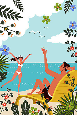 전신 구름 커플 여자 남자 바다 여행 일러스트 갈매기 서기 미소 사람 앉기 성인 해변 야외 두명 비키니 손들기 들꽃 들풀 즐거움 휴양지 선베드 연휴 성인만 국내일러스트 AI파일 자연요소 수영복 꽃 감정 의자 관계 모션 조류 표정 공휴일 장소 파일형식 벡터