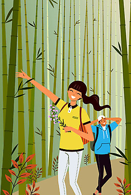 전신 커플 여자 남자 여행 일러스트 배낭 휴식 미소 들기 사람 성인 야외 두명 손들기 들꽃 대나무 즐거움 연휴 대나무숲 삼림욕 성인만 국내일러스트 AI파일 나무 꽃 감정 컨셉 가방 관계 모션 표정 공휴일 숲 파일형식 벡터