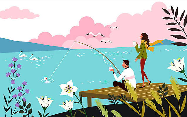 전신 구름 커플 여자 남자 여유 바다 여행 일러스트 갈매기 낚시 휴식 서기 미소 사람 앉기 상반신 성인 야외 두명 들꽃 머그컵 낚싯대 들풀 즐거움 백조 연휴 성인만 국내일러스트 AI파일 자연요소 꽃 감정 컨셉 관계 모션 조류 레저 표정 컵 공휴일 낚시용품 파일형식 벡터