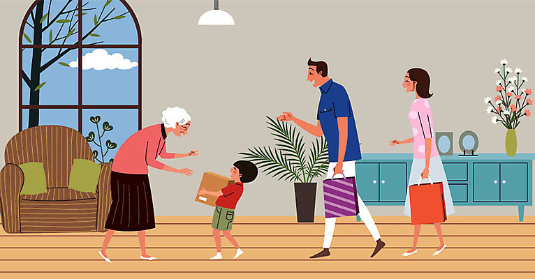 여자 노년 남자 화분 할머니 어린이 여행 일러스트 가족 실내 미소 들기 사람 여러명 성인 선물상자 소파 쇼핑백 삼대 손주 연휴 국내일러스트 AI파일 다수 의자 가방 관계 모션 표정 선물 내부 공휴일 상자 파일형식 벡터