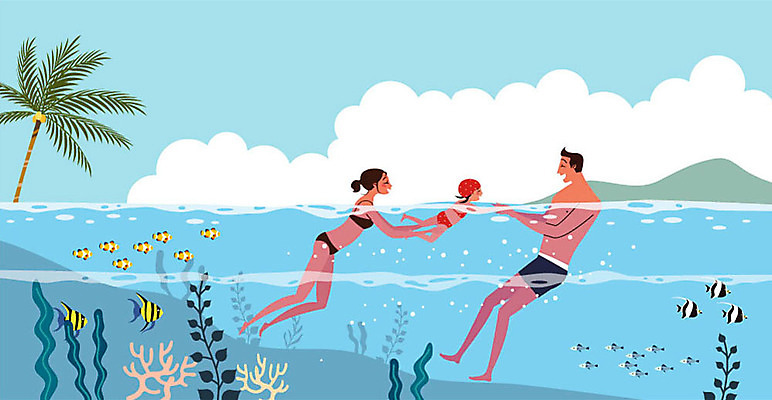 전신 구름 여자 남자 수영복 어린이 바다 여행 일러스트 가족 휴식 가족여행 미소 사람 야외 세명 야자수 손잡기 바닷속 가족라이프 열대어 즐거움 휴양지 연휴 국내일러스트 AI파일 자연요소 나무 라이프스타일 옷 감정 컨셉 관계 모션 표정 어류 공휴일 수중 장소 파일형식 벡터