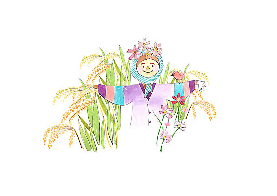 PSD 한마리 일러스트 붓터치 수채화 논 사람없음 가을풍경 벼 가을 농촌 시골 코스모스 허수아비 번짐 참새 벼이삭 국내일러스트 1 계절 꽃 농업 조류 곡류 풍경 이삭 파일형식 효과 가을_계절