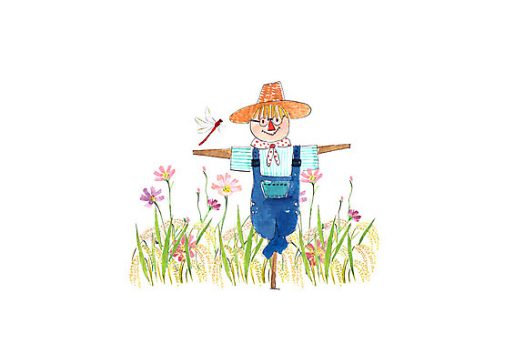 PSD 일러스트 붓터치 수채화 사람없음 가을풍경 벼 가을 농촌 시골 잠자리 들풀 코스모스 허수아비 번짐 벼이삭 국내일러스트 계절 꽃 곤충 농업 곡류 풍경 이삭 파일형식 효과 가을_계절