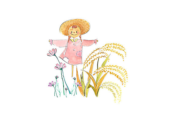 PSD 일러스트 붓터치 수채화 사람없음 가을풍경 벼 가을 농촌 시골 코스모스 허수아비 번짐 벼이삭 국내일러스트 계절 꽃 농업 곡류 풍경 이삭 파일형식 효과 가을_계절