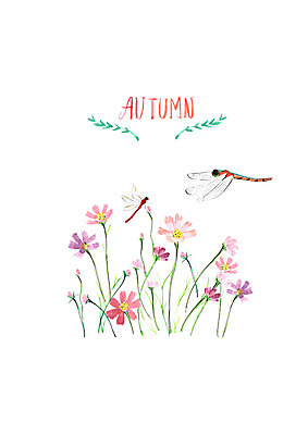 PSD 두마리 꽃밭 일러스트 붓터치 수채화 사람없음 가을풍경 가을 잠자리 코스모스 번짐 국내일러스트 계절 꽃 곤충 2 풍경 파일형식 효과 가을_계절