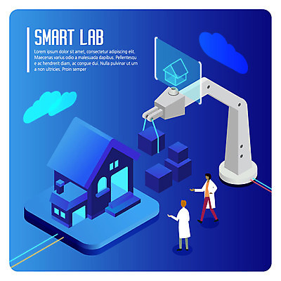 전신 여자 남자 일러스트 벽돌 주택 실험 대화 사람 손짓 성인 두명 파란색 상자 스크린 실험복 연구원 스마트 구름모양 아이소메트릭 로봇팔 연구소 집짓기 성인만 국내일러스트 AI파일 모양 직업 컬러 컨셉 모션 말하기 건물 가운 로봇 파일형식 벡터 구름_자연